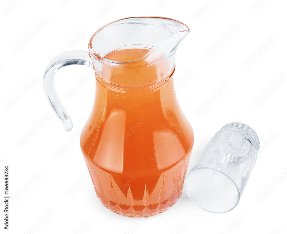 Orange juice in pitcher. Isolated on white background Stock Photo