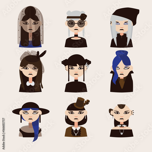 Vector set with gothic girls characters, drawn with various hairstyle, clothes and hats. Women portraits good for goth avatar.
