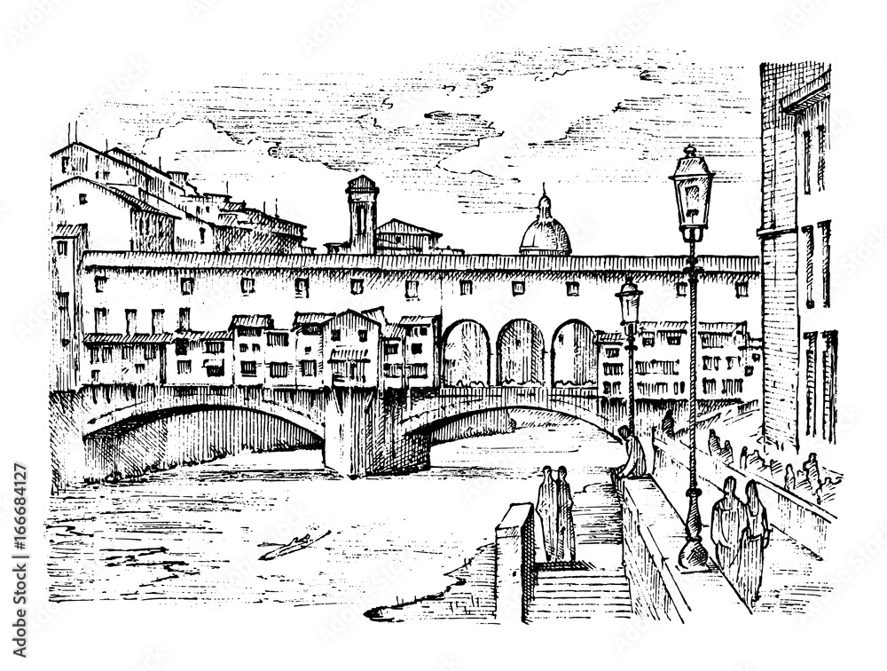 landscape in European town Florence in Italy. engraved hand drawn in old sketch and vintage style. historical architecture with buildings, perspective view. Travel postcard. Ponte Vecchio bridge.