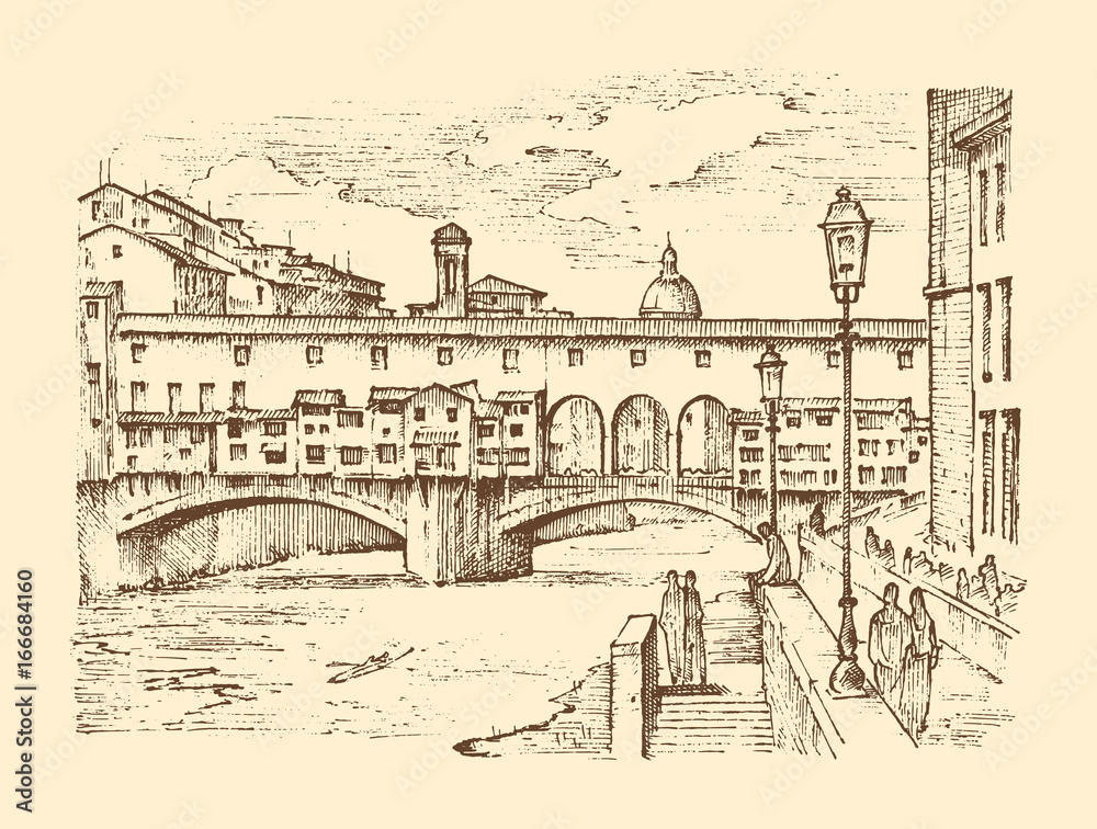 landscape in European town Florence in Italy. engraved hand drawn in old sketch and vintage style. historical architecture with buildings, perspective view. Travel postcard. Ponte Vecchio bridge.