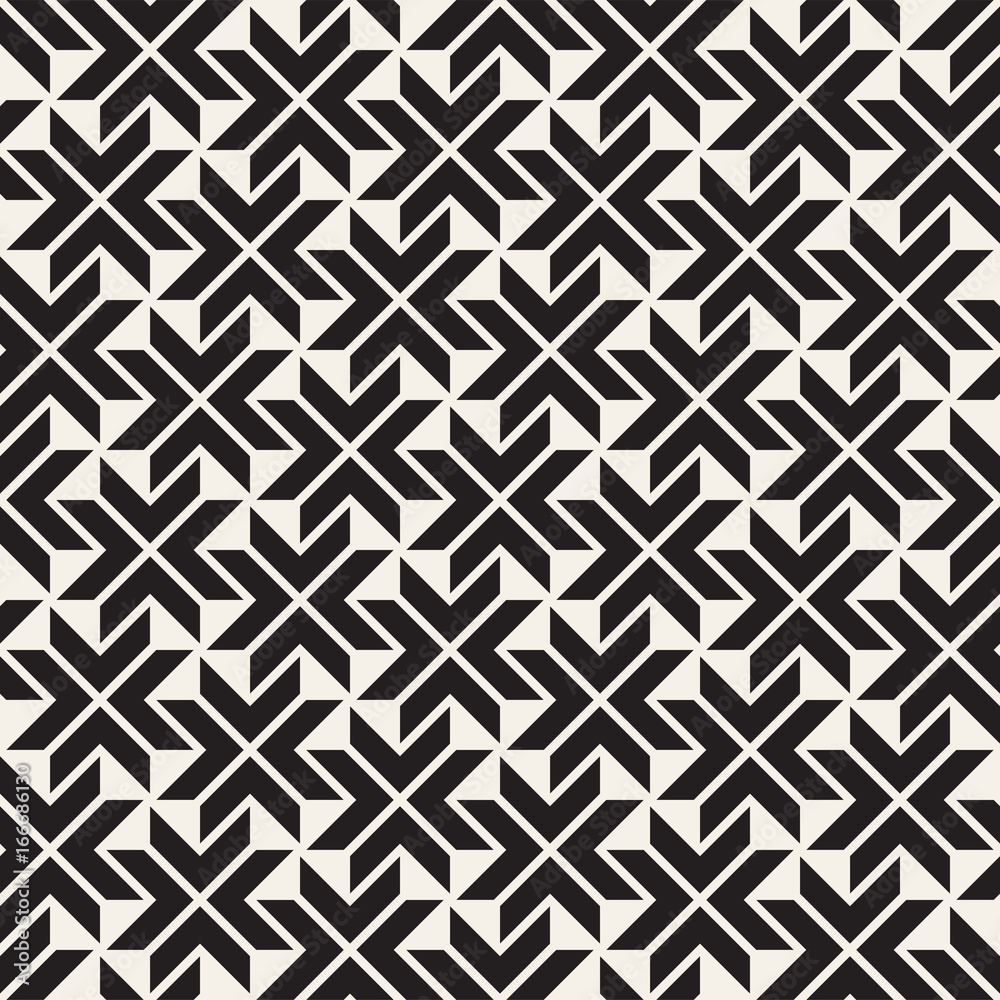 Vector Seamless Black And White Lines Pattern Abstract Background. Cross Shapes Geometric Tiling Ornament.