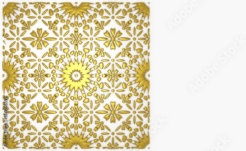 Greeting card template with golden moroccan ornament. 3D rendered Illustration