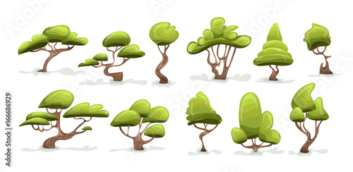 Green tree set. Cartoon vector illustration, isolated on white background.