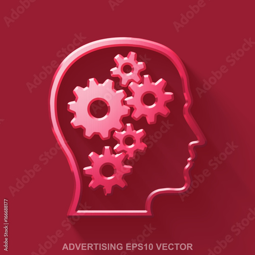 Flat metallic advertising 3D icon. Red Glossy Metal Head With Gears on Red background. EPS 10, vector.