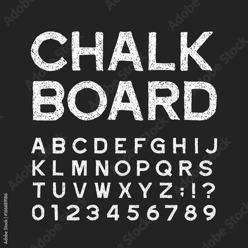 Chalk board alphabet font. Distressed vintage letters and numbers on a dark background. Vector typeface for your design.