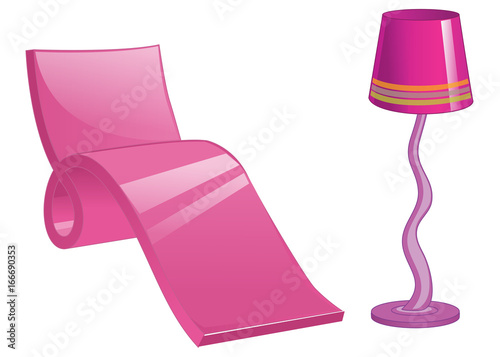 Original designer armchair and lamp. Elegant furniture in rich purple color isolated on white background. Vector illustration.