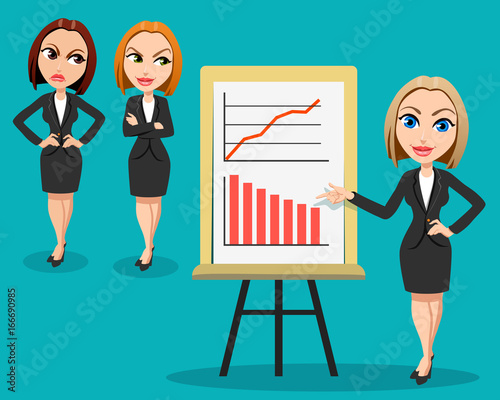 Business woman giving a presentation.Two women listen to the presentation with envy and anger. Different emotions. Office workers. Business Conference concept. Flat design. Vector illustration. 