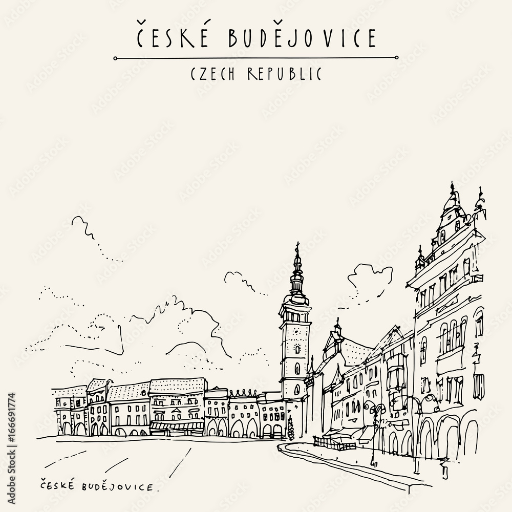 Ceske Budejovice (Budweis), Bohemia, Czech Republic.Travel hand drawn vintage touristic postcard