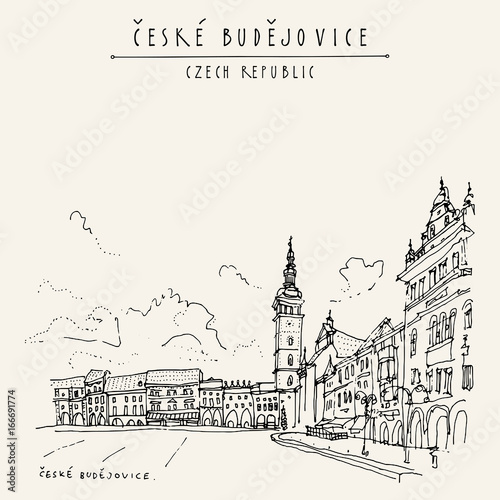 Ceske Budejovice (Budweis), Bohemia, Czech Republic.Travel hand drawn vintage touristic postcard