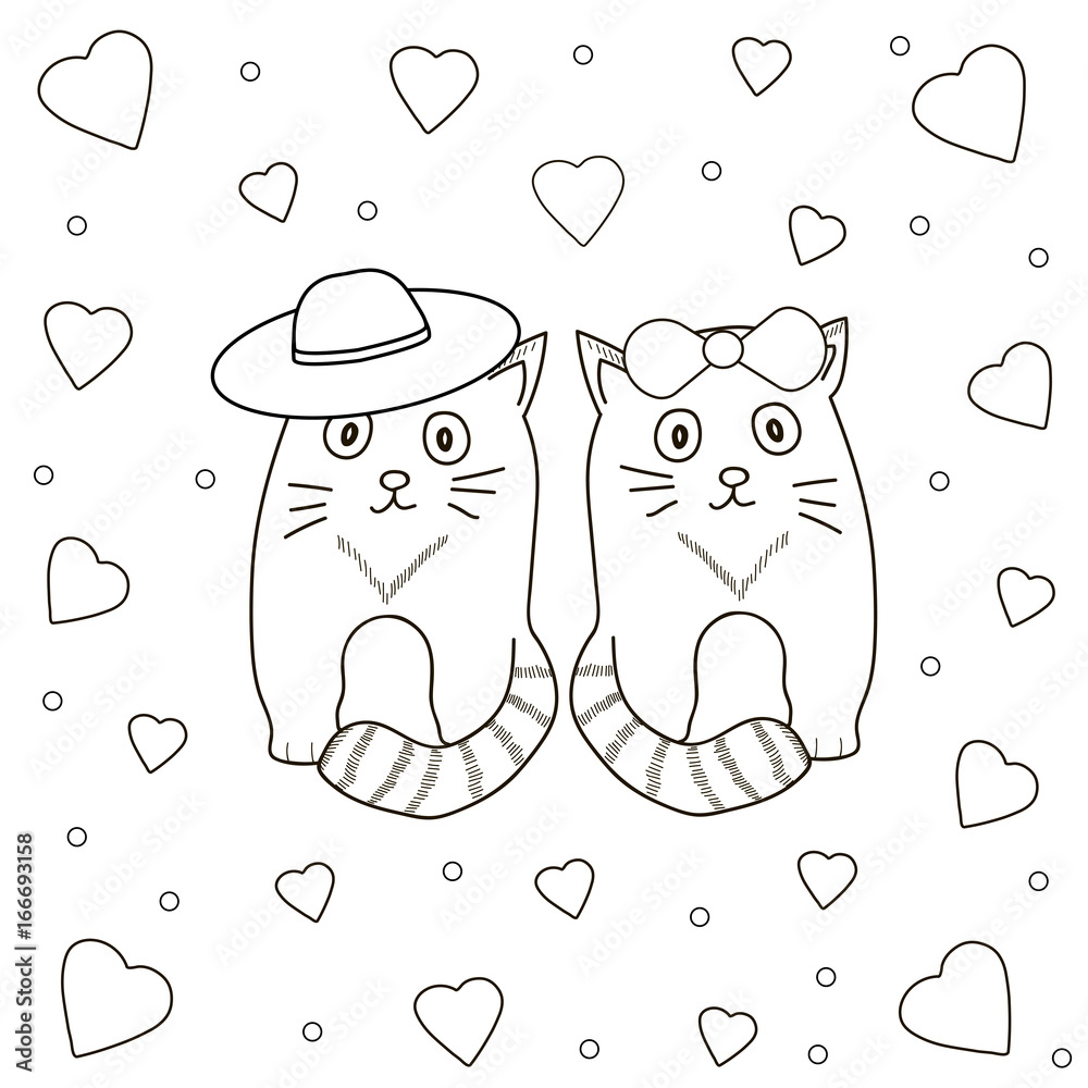 Coloring page with cats and hearts Stock Vector | Adobe Stock