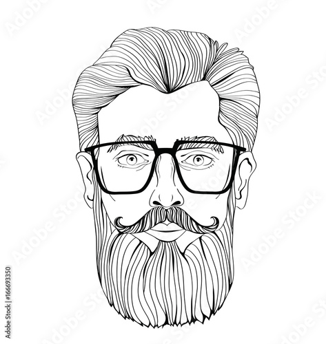 The face of a bearded man with glasses. Vector portrait illustration, isolated on white background. Outline drawing.