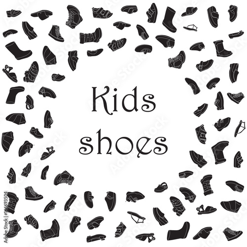 Kids shoes, set, collection of fashion footwear, poster with place for text. Baby girl boy, child, childhood. Vector design isolated illustration. White outlines, black silhouettes, white background.