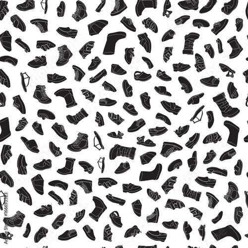 Kids shoes, set, collection of fashion footwear, seamless pattern. Baby, girl, boy, child, childhood. Vector design isolated illustration. White outlines, black silhouettes, white background.