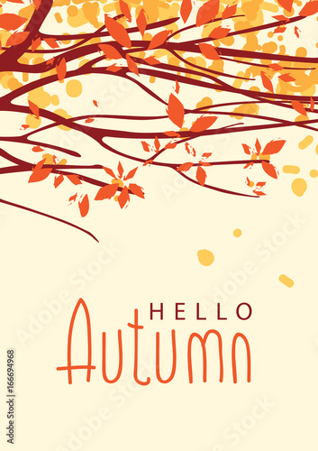 Vector banner with the words Hello autumn. Autumn landscape with autumn leaves on the branches of trees in a Park or forest