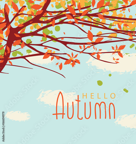 Vector banner with the words Hello autumn. Autumn landscape with autumn leaves on the branches of trees in a Park or forest on a background of blue sky with clouds