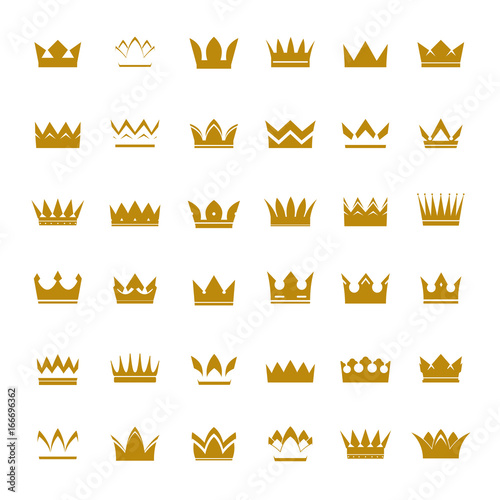 Set of golden vector crowns and icons