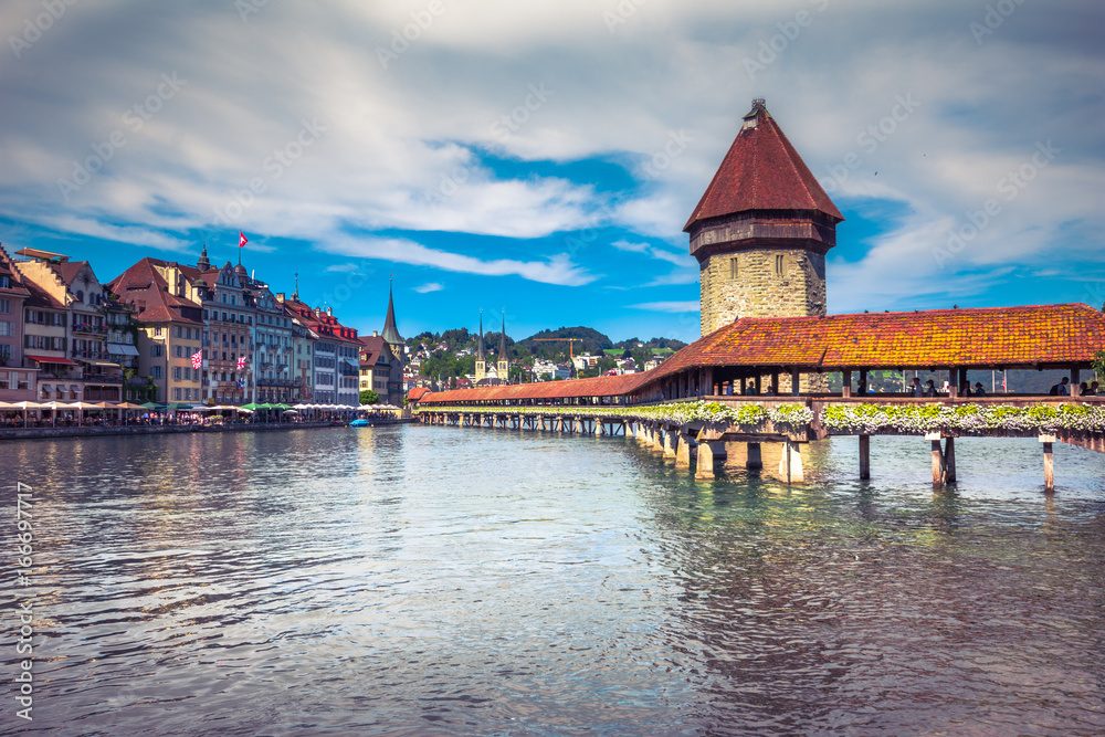 Chapel Bridge and Water Tower in Luzern - Switzerland
