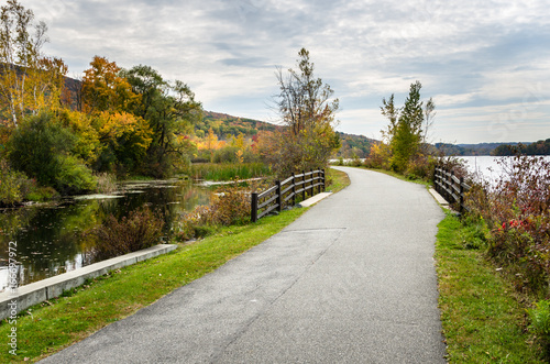 Winding Lakeside Path for Pedestrians and Cyclists in Autumn. The Berkshires, MA