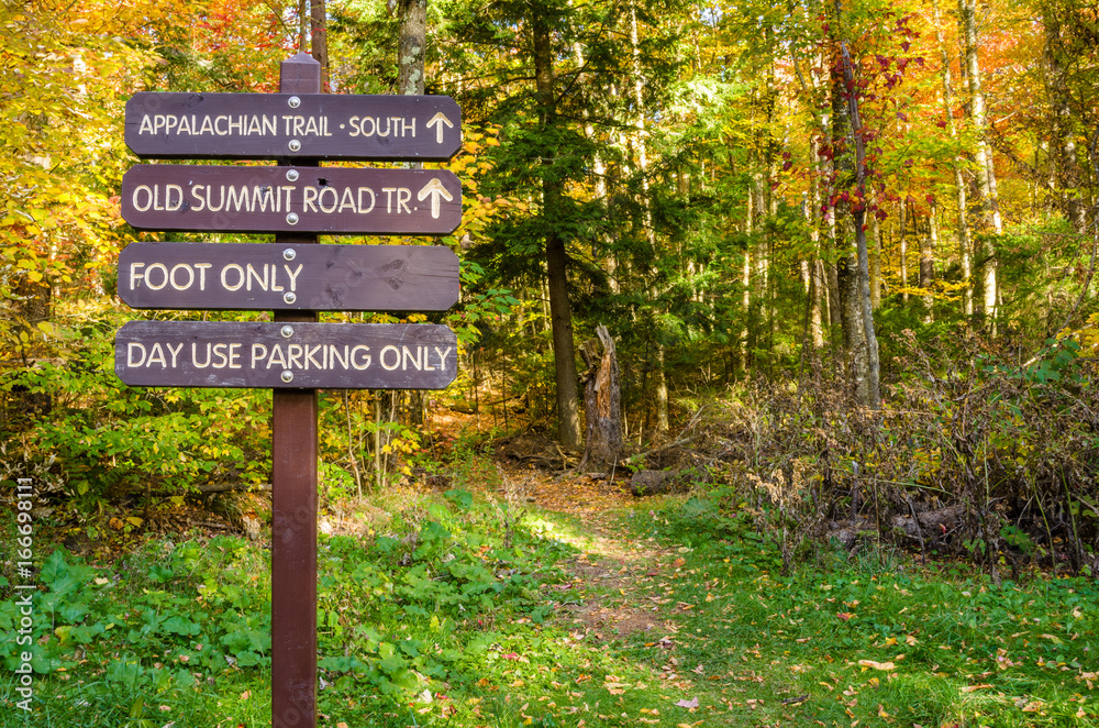 Signs at the Beginning of a Mountain Path in Autumn