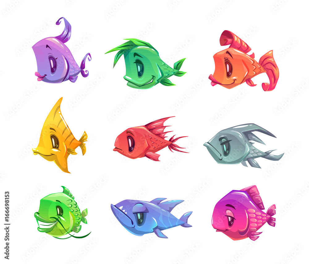Fanny cartoon colorful fishes set. Fanny cartoon colorful fishes set.