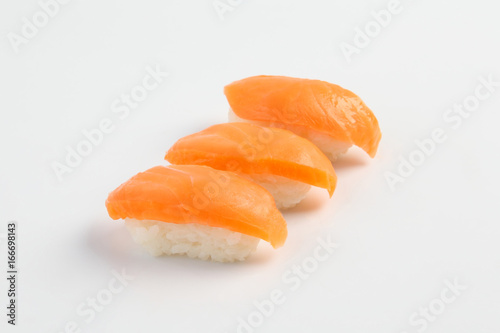 salmon sushi on white background