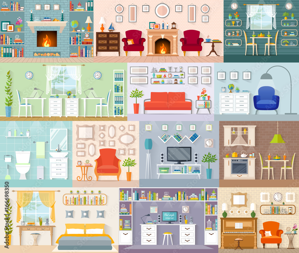 A set of different interiors. Vector illustration in a flat style. Residential premises for various purposes.