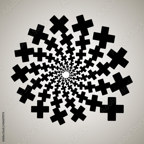 Swirl, vortex background. Rotating spiral. Pattern of a whirling of hearts. Icon, cross, rectangle, outline, black, white
