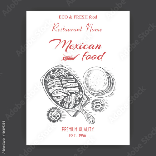Vector illustration sketch - Mexican food. Card Menu mexican cuisine. vintage design template, banner - fajita.