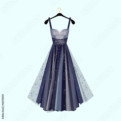 Long dress for special event. Dress with rhinestones  Fashion vector illustration