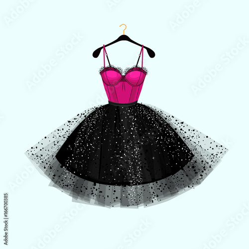 Vector fashion illustration. Dress for special event. Pink and black dress.
