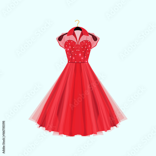 Retro style red party dress. Vector fashion illustration. Dress with pearls decor.