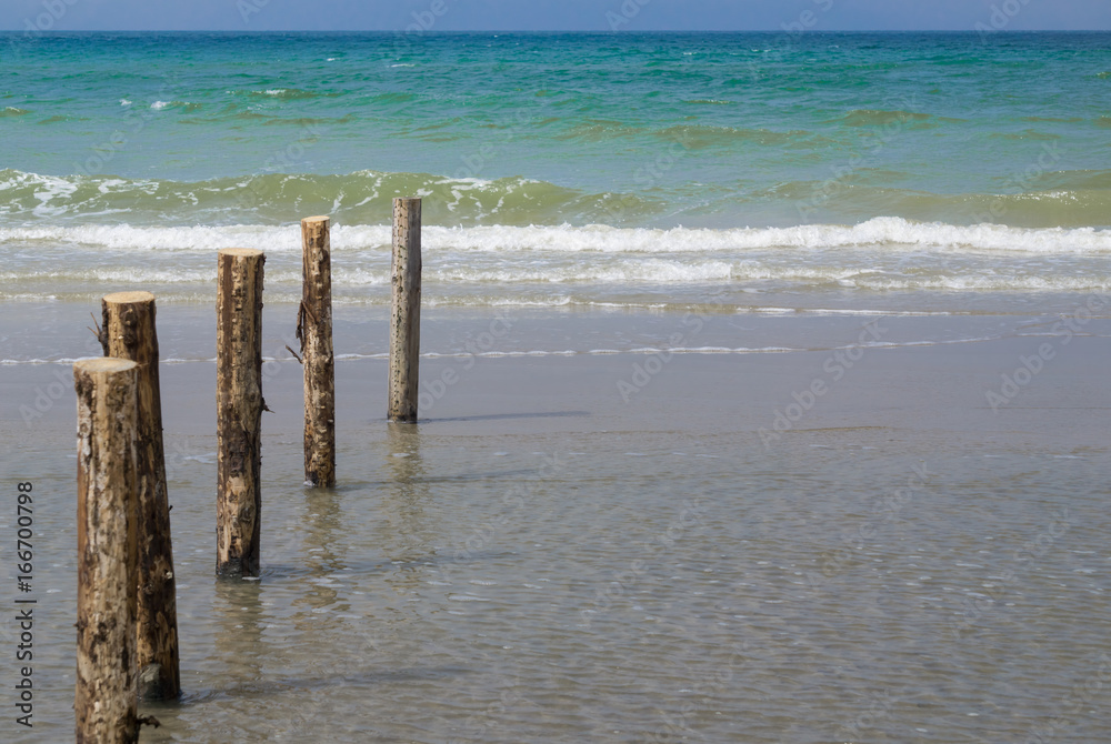 wooden pillars on the beach