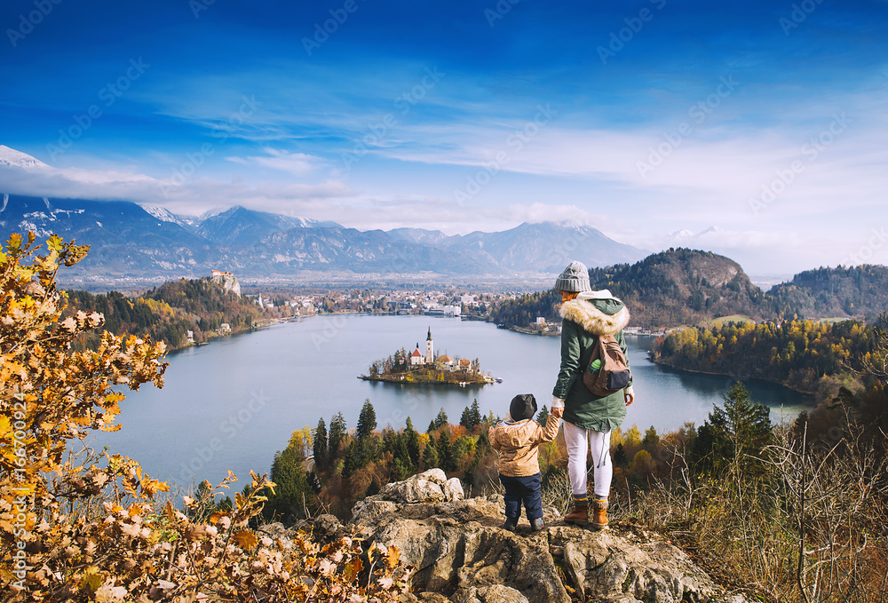 Fototapeta premium Traveling family looking on Bled Lake, Slovenia, Europe