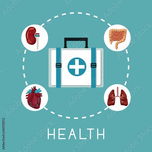 color background with first aid box in center with organs human system around text health