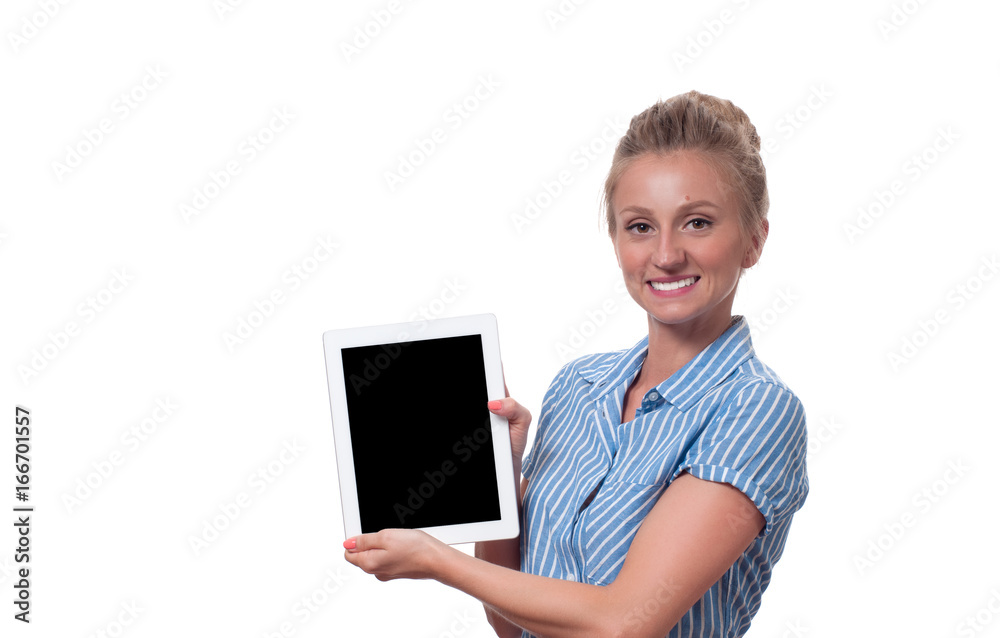 Business woman using digital tablet computer on white background. Business woman using digital tablet computer on white background.