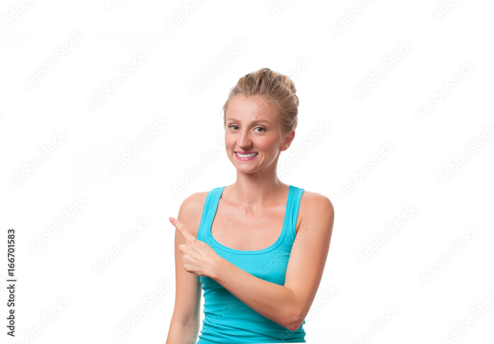 Business woman pointing something finger at copy space Business woman pointing something finger at copy space