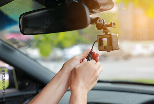 Hands installation front camera car recorder, Car DVR Vehicle.
