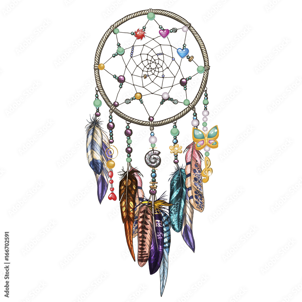 Fototapeta premium Hand drawn ornate Dreamcatcher with feathers, jewels and colorful gemstones. Astrology, spirituality, magic symbol. Ethnic tribal element.