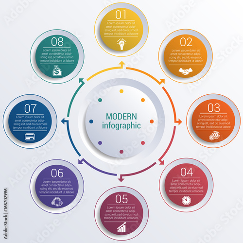 Pattern for infographic 8 positions colorful circles in circle.
