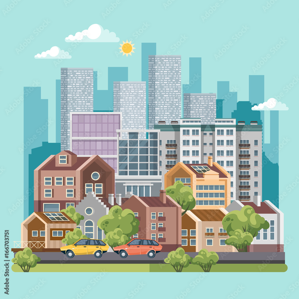 Green city vector concept. Infographic with set of buildings, infrastructure, modern technology and plants.