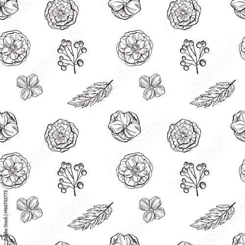 Hand drawn floral seamless pattern. Black and white. illustration.