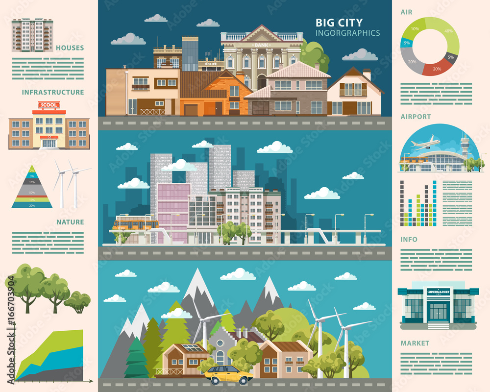 Big city infographic. Vector illustration with set of plants, factory, construction, buildings, infrastructure.