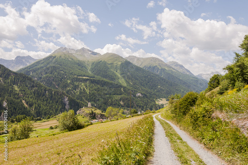 Ardez, Dorf, Ruine, Schlossruine, Steinsberg, Engadin, Unterengadin, Wanderweg, Feldweg, Landwirtschaft, Alpen, Graubünden, Sommer, Schweiz