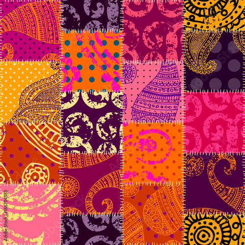 Seamless background pattern. Imitation of a retro patchwork in indian style.