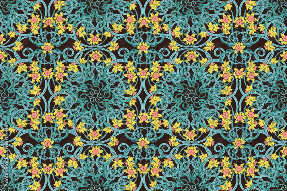 Seamless vintage pattern in small narcissus. Art nouveau millefleurs. Daffodil the symbol of Wales. Floral background for textile, wallpaper, surface, print, gift wrap, scrapbooking, decoupage.