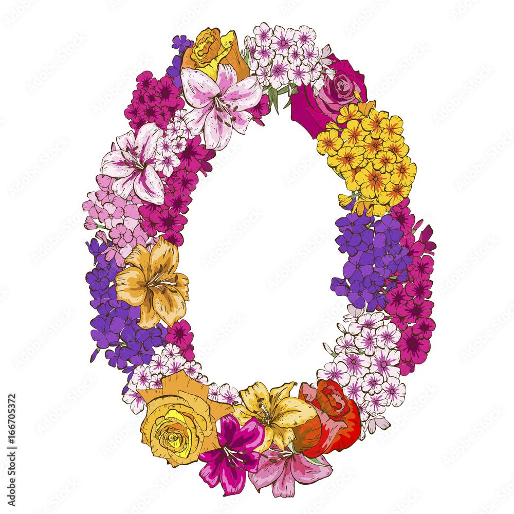 Zero digit made of different flowers. Floral element of colorful alphabet made from flowers. illustration Zero digit made of different flowers. Floral element of colorful alphabet made from flowers. illustration