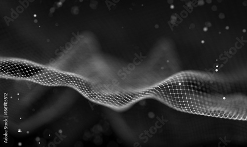 Data technology abstract futuristic illustration . Low poly shape with connecting dots and lines on dark background. 3D rendering . Big data visualization . © RDVector