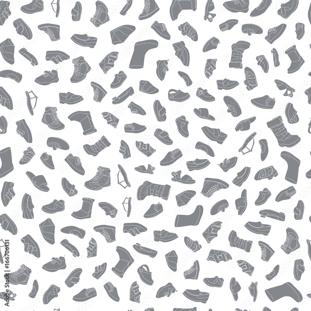 Kids shoes, set, collection of fashion footwear, seamless pattern. Baby, girl, boy, child, childhood. Vector design isolated illustration. White outlines, gray silhouettes, white background. Kids shoes, set, collection of fashion footwear, seamless pattern. Baby, girl, boy, child, childhood. Vector design isolated illustration. White outlines, gray silhouettes, white background.