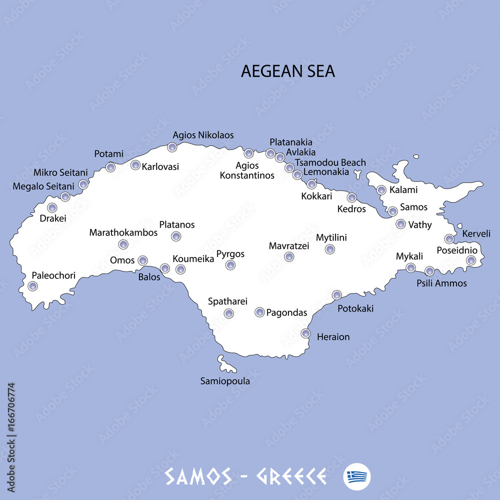 Fototapeta premium island of samos in greece white map and blue background illustration