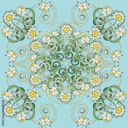 Square composition in small narcissus. Art nouveau style. Floral vintage  enchanting background for scarf print, textile, covers, surface, scrapbooking, decoupage. Bandana, pareo, shawl design.